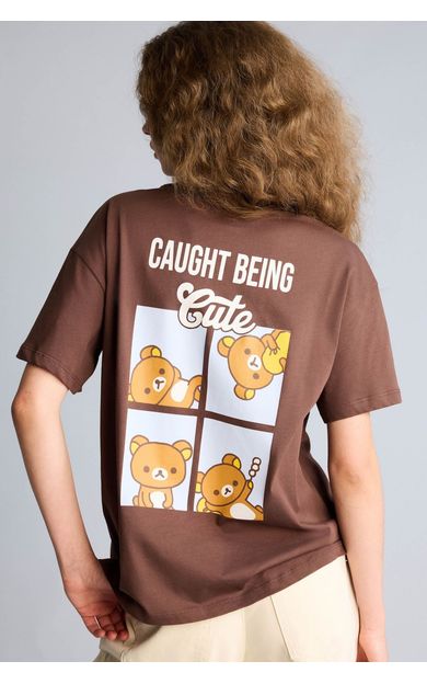 DeFacto Rilakkuma Oversıze Bisiklet Yaka Baskılı Kısa Kollu Tişört Kahve