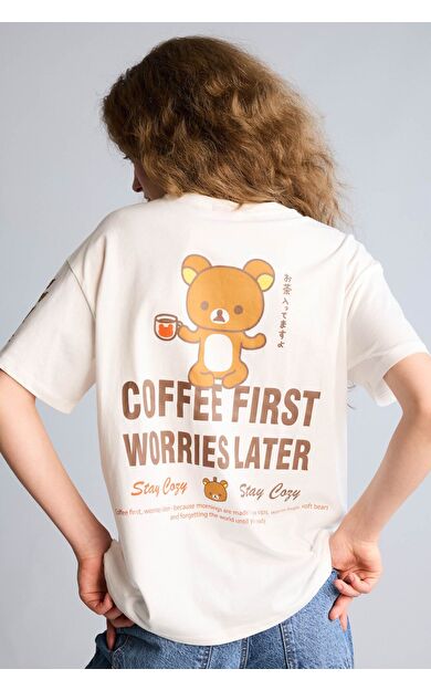 DeFacto Rilakkuma Oversıze Bisiklet Yaka Baskılı Kısa Kollu Tişört