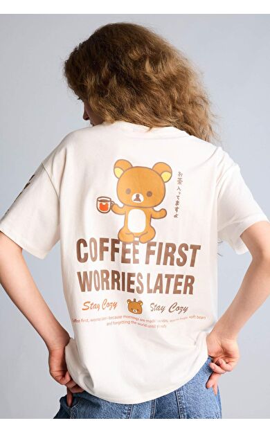 Rilakkuma Oversıze Bisiklet Yaka Baskılı Kısa Kollu Tişört