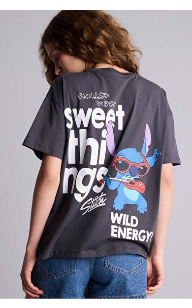 Dısney Lılo & Stıtch Oversıze Bisiklet Yaka Baskılı Kısa Kollu Tişört