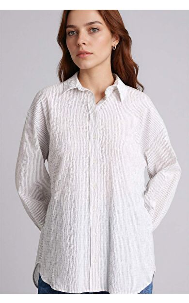 DeFacto Regular Fıt Çizgili Gofre Dokulu Uzun Kollu Tunik