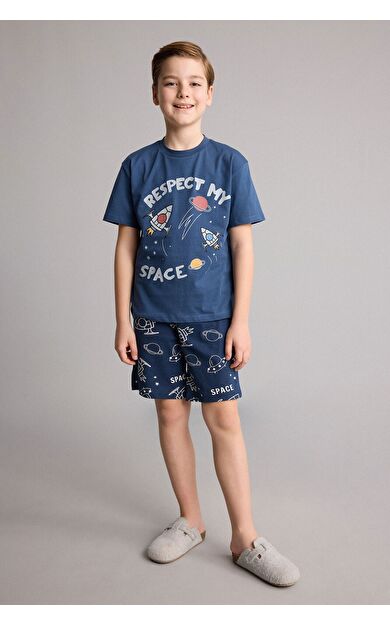 DeFacto Regular Fıt Baskılı Şort Tişört 2'li Pijama Takımı Erkek Çocuk
