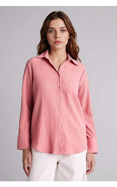 DeFacto Regular Fıt Gömlek Yaka Gofre Dokulu Uzun Kollu Gömlek