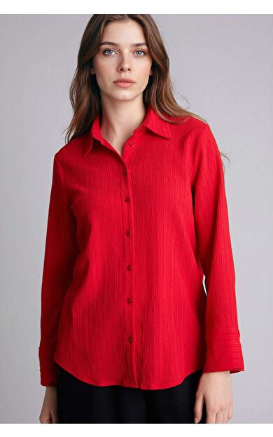 Regular Fıt Gömlek Yaka Gofre Dokulu Uzun Kollu Gömlek