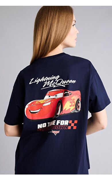DeFacto Cars baskılı lacivert oversize kısa kollu tişört.