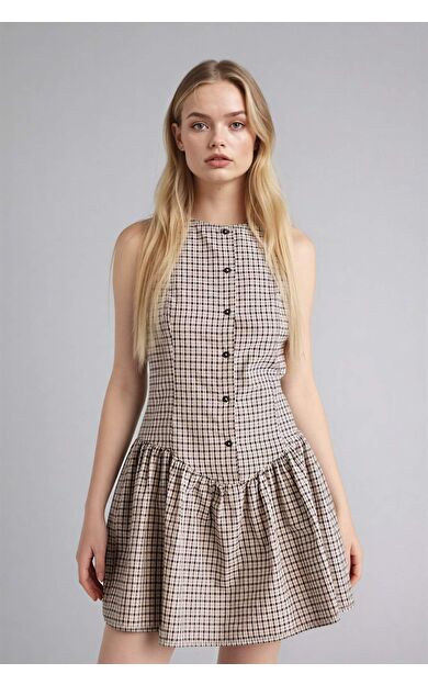 Bisiklet Yaka Kareli Pamuklu Kolsuz Mini Elbise