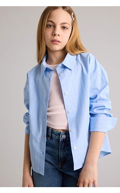 DeFacto Regular Fıt Poplin Uzun Kollu Gömlek Kız Çocuk