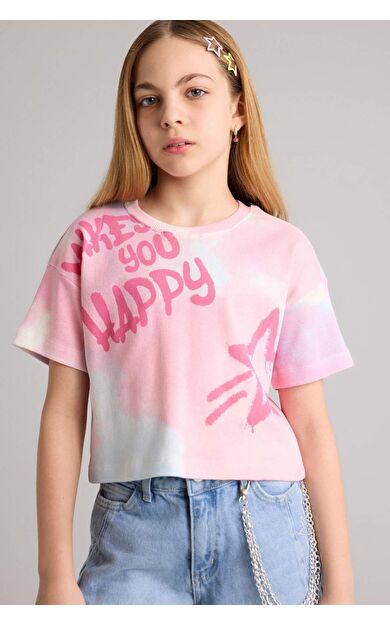 Cropped Fıt Bisiklet Yaka Yıldız Desenli Fitilli Kaşkorse Kısa Kollu Tişört Kız Çocuk