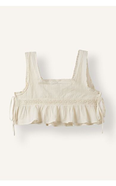DeFacto %100 Pamuk Regular Fit Kare Yaka Fırfırlı Askılı Brode Crop Basic Bluz