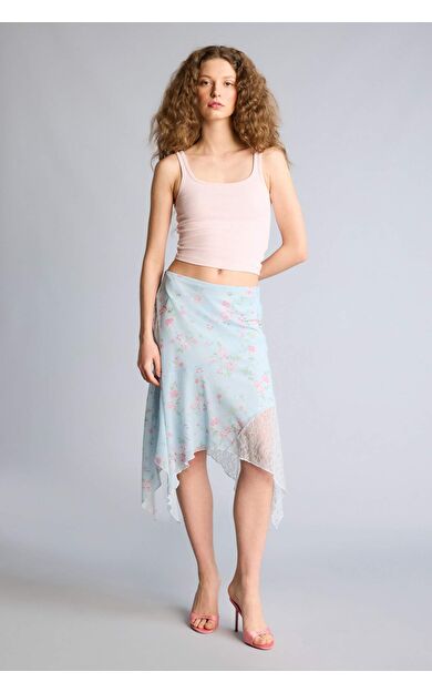 Asimetrik Floral Normal Bel Penye Astar Tül Mini Etek