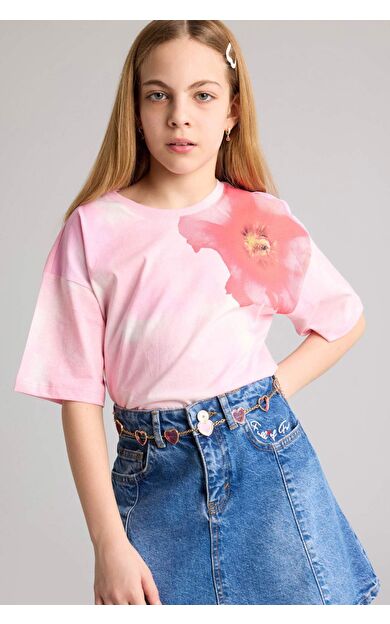 DeFacto Oversıze Bisiklet Yaka Çiçekli Kısa Kollu Tişört Kız Çocuk