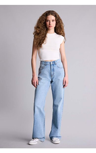 Straıght Wıde Yüksek Bel Geniş Paça Uzun Jean Kar Yıkamalı Pantolon