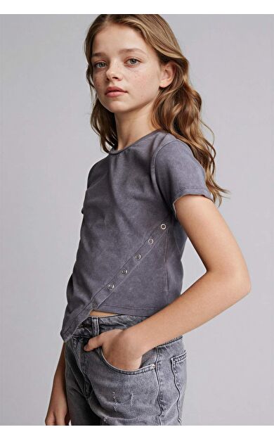 Bisiklet Yaka Penye Kısa Kollu Tişört Kız Çocuk