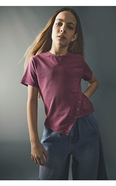 Bisiklet Yaka Penye Kısa Kollu Tişört Kız Çocuk