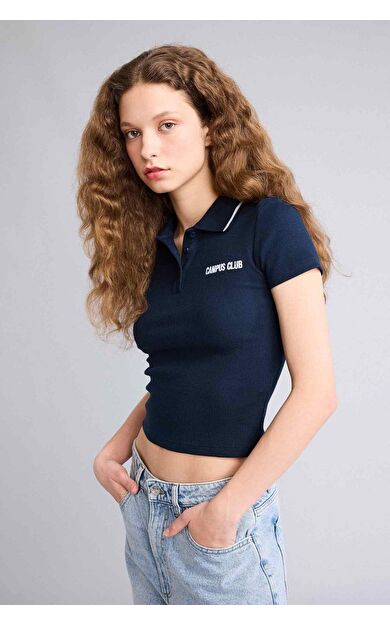 Fıtted Polo Yaka Ribana Kısa Kollu Tişört