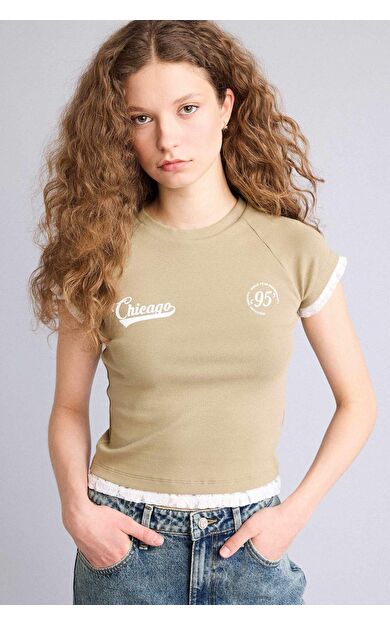 Fıtted Bisiklet Yaka Ribana Kısa Kollu Tişört