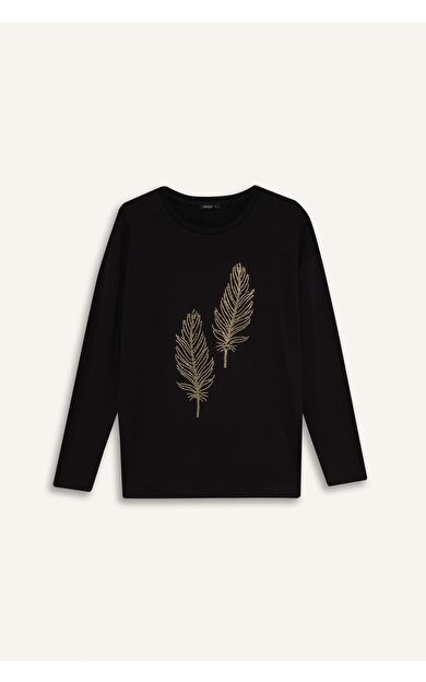 Relax Fıt Bisiklet Yaka Taş Baskılı Uzun Kollu Tişört