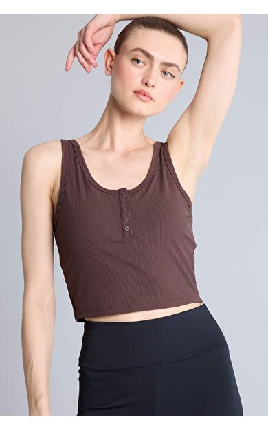 DeFacto Crop Top Düğmeli Yaka Sporcu Kahverengi Atlet