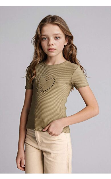 Bisiklet Yaka Fitilli Kaşkorse Kısa Kollu Tişört Kız Çocuk
