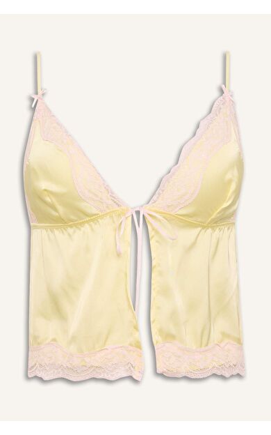 DeFacto Dantel Detaylı Saten Açık Sarı Pijama Üst