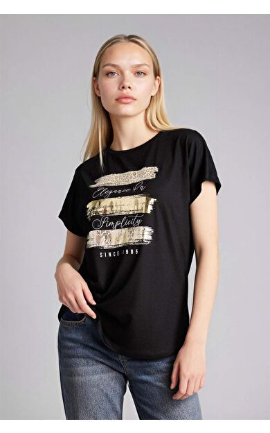 DeFacto Relax Fıt Bisiklet Yaka Baskılı Kısa Kollu Tişört