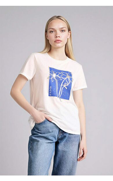 Regular Fıt Bisiklet Yaka Çiçekli Kısa Kollu Tişört