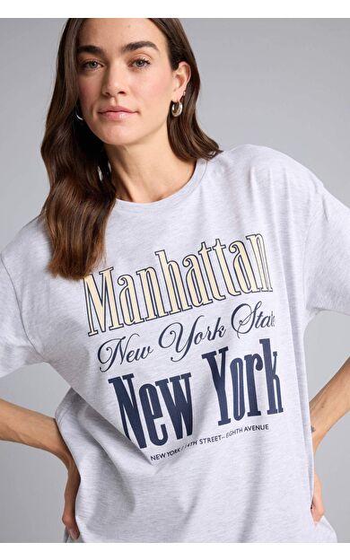 DeFacto Oversıze Bisiklet Yaka Baskılı Kısa Kollu Tişört