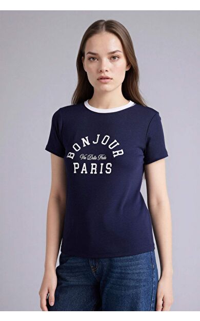 Regular Fıt Bisiklet Yaka Baskılı Ribana Kısa Kollu Tişört