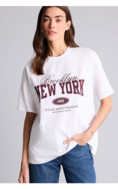 Oversıze Bisiklet Yaka Baskılı Kısa Kollu Tişört