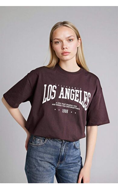 Oversıze Bisiklet Yaka Baskılı Kısa Kollu Tişört