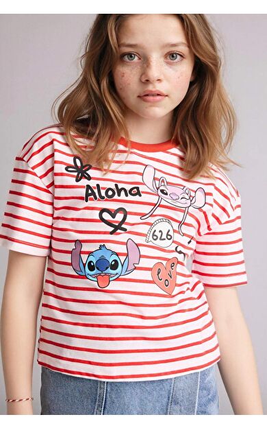 Dısney Lılo & Stıtch Relax Fıt Bisiklet Yaka Kısa Kollu Tişört Kız Çocuk