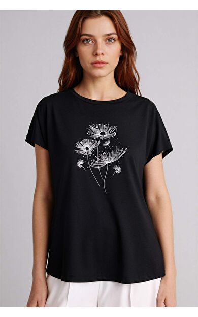 Bisiklet Yaka Taş Baskılı Kısa Kollu Tişört