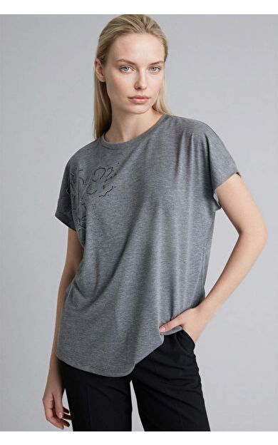 Bisiklet Yaka Taş Baskılı Kısa Kollu Tişört