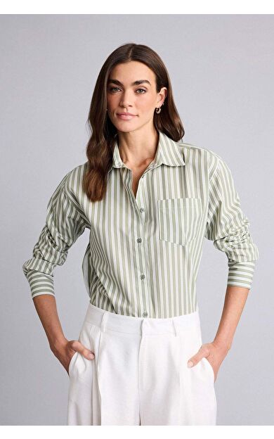 Oversıze Gömlek Yaka Çizgili Poplin Uzun Kollu Gömlek
