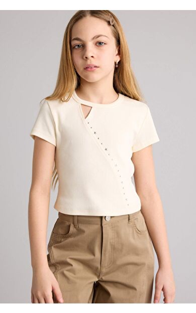 DeFacto Regular Fıt Fitilli Kaşkorse Kısa Kollu Tişört Kız Çocuk