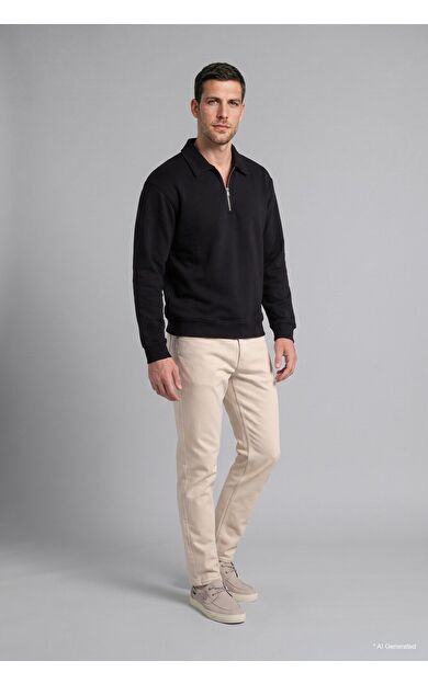 DeFacto Pamuklu Regular Fıt Polo Yaka Kalın Kumaş Sweatshirt Siyah
