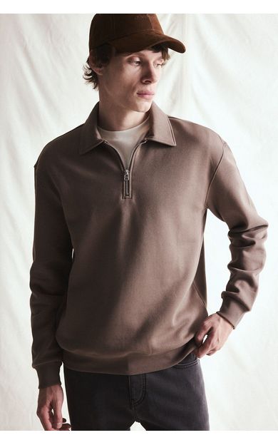 DeFacto Pamuklu Regular Fıt Polo Yaka Kalın Kumaş Basic Sweatshirt