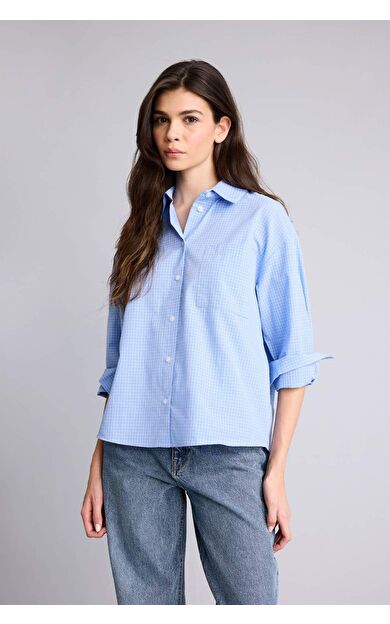 Oversıze Gömlek Yaka Slogan Baskılı Poplin Uzun Kollu Gömlek