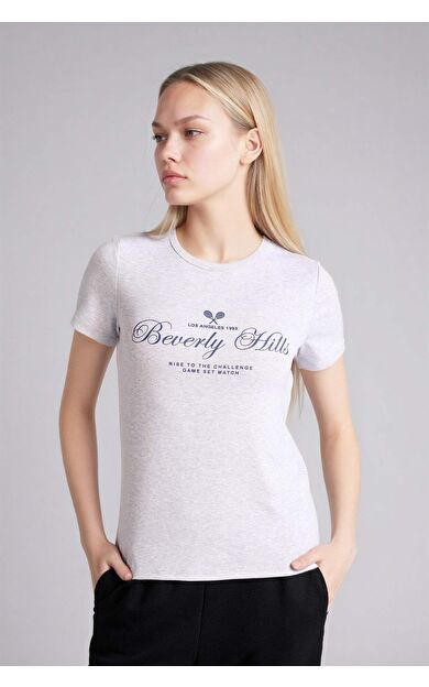 Regular Fıt Bisiklet Yaka Baskılı Ribana Kısa Kollu Tişört