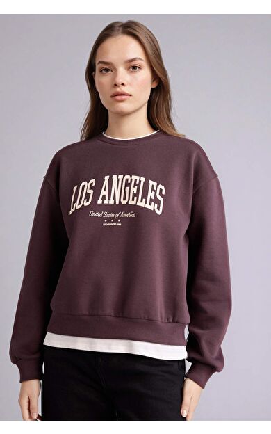 DeFacto Relax Fıt Bisiklet Yaka Slogan Baskılı Kalın Sweatshirt Kumaşı Sweatshirt