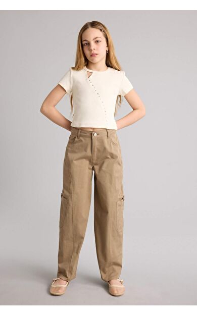 Baggy Fıt Geniş Paça Gabardin Pantolon Kız Çocuk