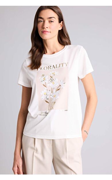 Bisiklet Yaka Çiçekli Kısa Kollu Tişört