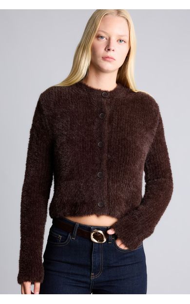 DeFacto Regular Fit Bisiklet Yaka Tüylü Triko Crop Hırka
