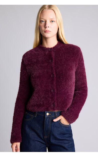 DeFacto Regular Fit Bisiklet Yaka Tüylü Triko Crop Hırka