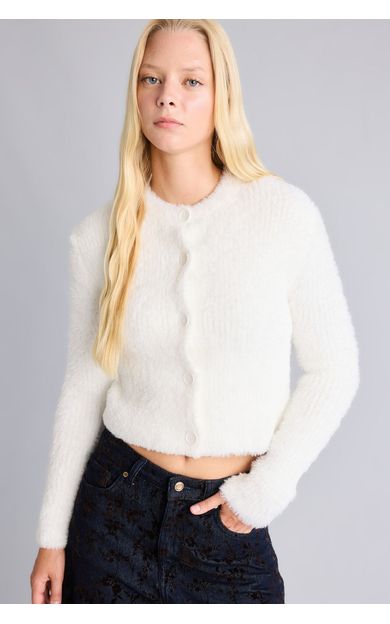 DeFacto Regular Fit Bisiklet Yaka Tüylü Triko Crop Hırka