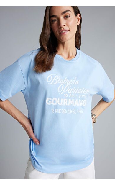 DeFacto Oversıze Bisiklet Yaka Slogan Baskılı Kısa Kollu Tişört