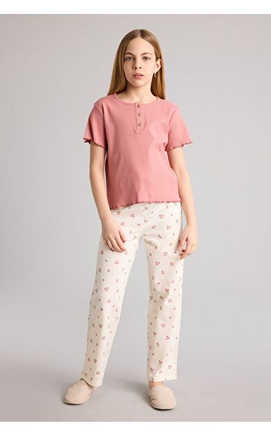 DeFacto Regular Fıt Fitilli Kaşkorse 2'li Pijama Takımı Kız Çocuk