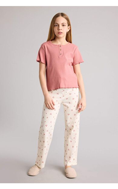 DeFacto Regular Fıt Fitilli Kaşkorse 2'li Pijama Takımı Kız Çocuk