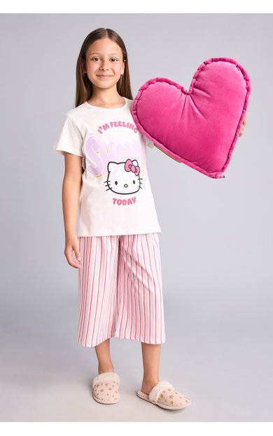 DeFacto Hello Kitty Kısa Kollu Pijama Üstü Esnek Belli Kapri Pijama Altı 2'li Pijama Takımı Kız Çocuk