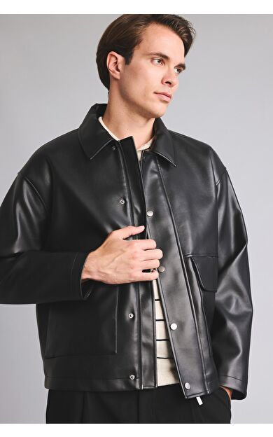 DeFacto Regular Fit Polo Yaka Çıtçıtlı Cepli Suni Deri Mont